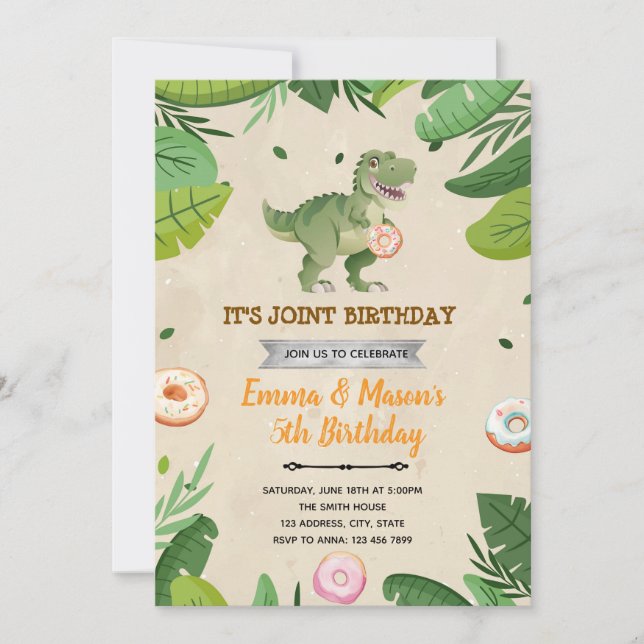 Doughnut and dinosaur birthday invitation (Front)