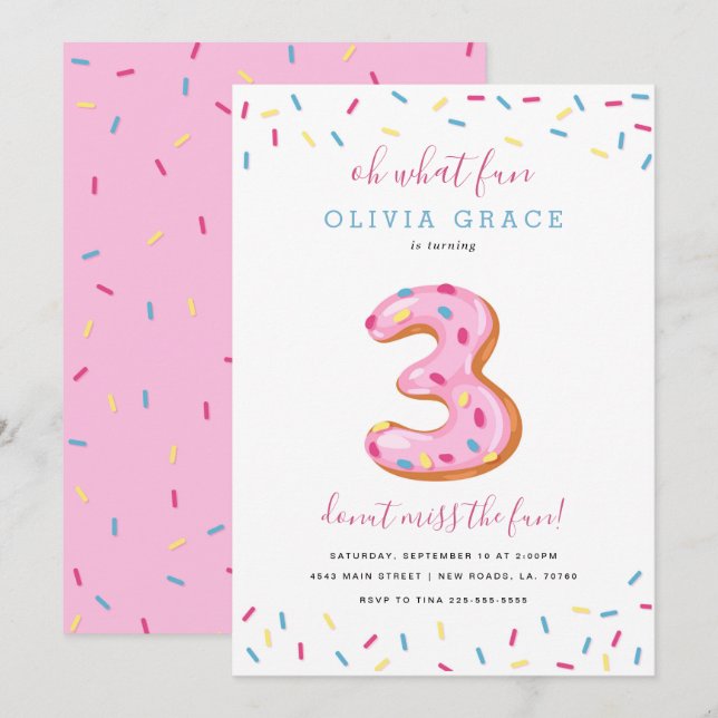 Doughnut Birthday Celebration | Three Invitation (Front/Back)