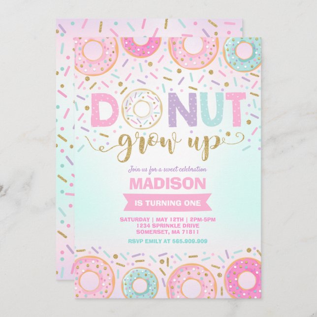 Doughnut Birthday Invitation Doughnut Grow Up Part (Front/Back)