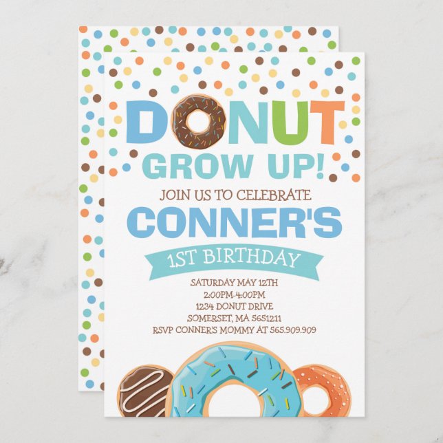 Doughnut Birthday Invitation Doughnut Grow Up Part (Front/Back)