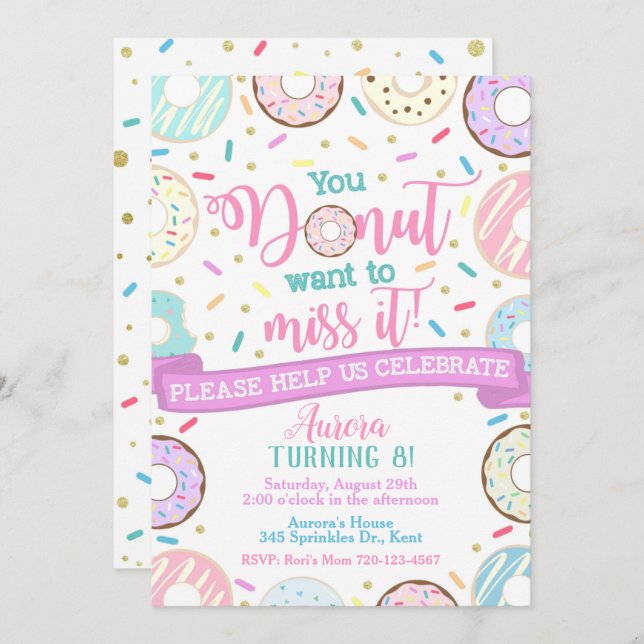 Doughnut Birthday Invitation Doughnut Party (Front/Back)
