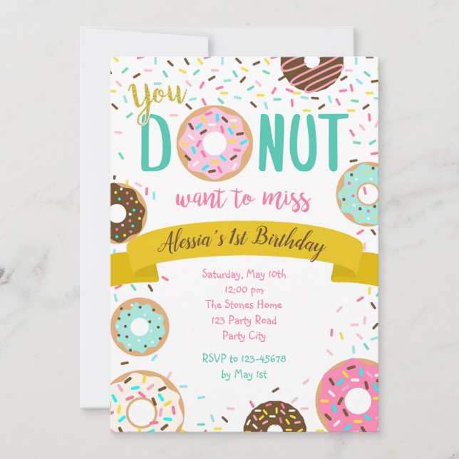 Doughnut Birthday Invitations Sprinkle Gold Pink T (Front)