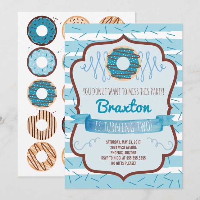 Doughnut Birthday Party Invitation for a Boy (Front/Back)