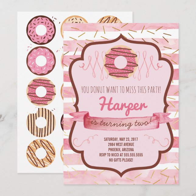 Doughnut Birthday Party Invitation for a Girl (Front/Back)