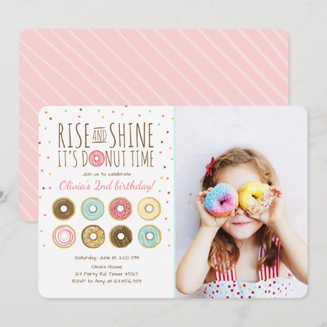 Doughnut Birthday Party Invitation Rise and Shine (Front/Back)