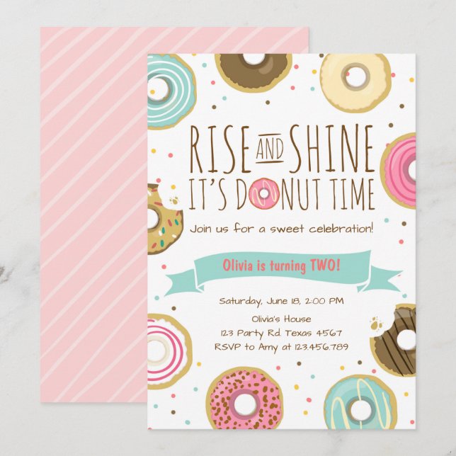 Doughnut Birthday Party Invitation Rise and Shine (Front/Back)