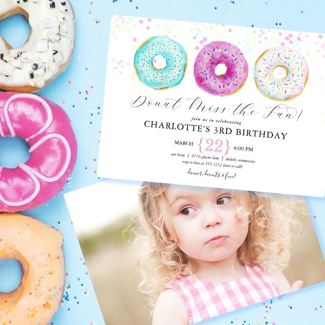 Doughnut Birthday Party Photo Invitation (Donut Birthday Party Photo Invitation. Donut themed photo invitation. Cute donut themed party invite)