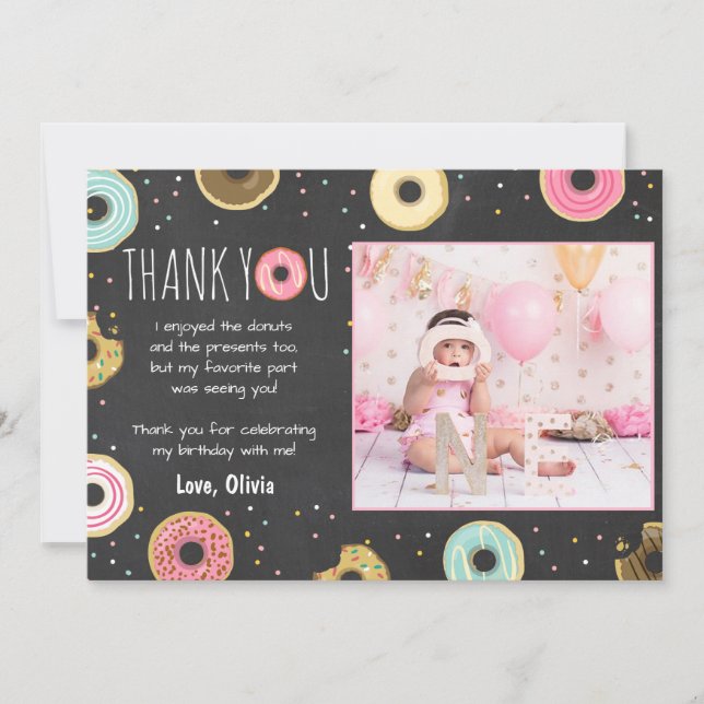 Doughnut Birthday Thank You Card Pink Girl Doughnu (Front)