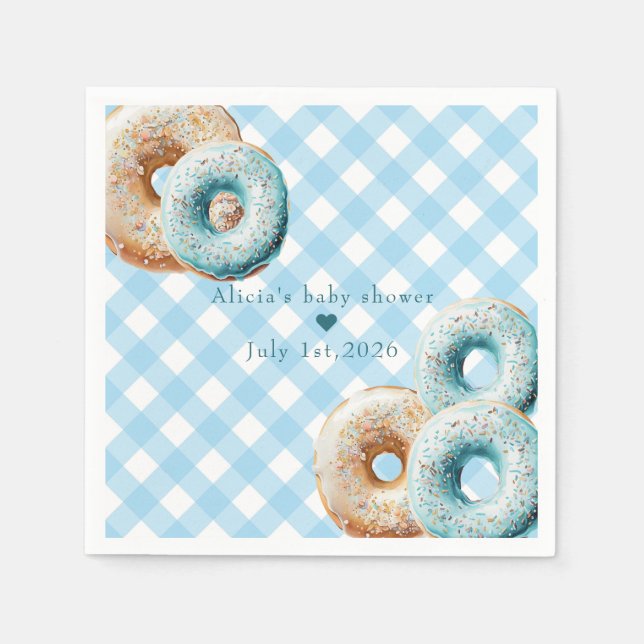 Doughnut | Blue Gingham Boy Baby Shower  Napkin (Front)