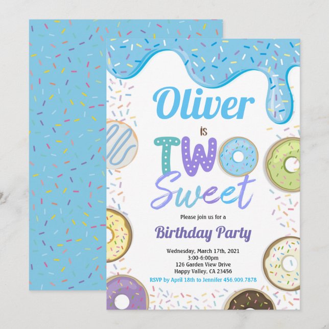 Doughnut Boy Two Sweet 2nd Birthday Party Blue Invitation (Front/Back)