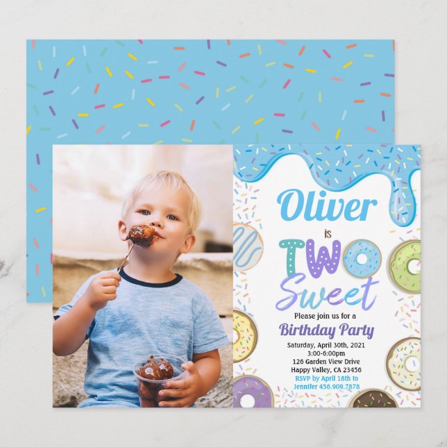 Doughnut Boy Two Sweet 2nd Birthday Party Blue Pho Invitation (Front/Back)