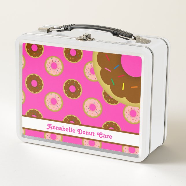 Doughnut Care Sprinkled Doughnuts Pink Personalise Metal Lunch Box (Front)