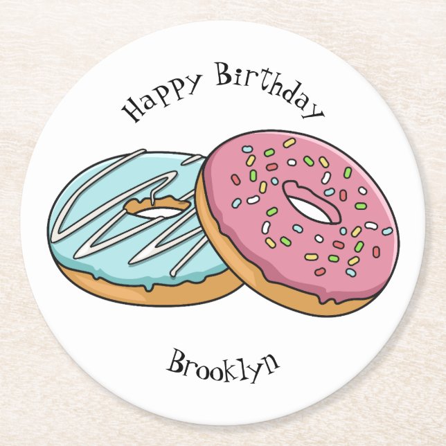 Doughnut cartoon illustration round paper coaster (Front)