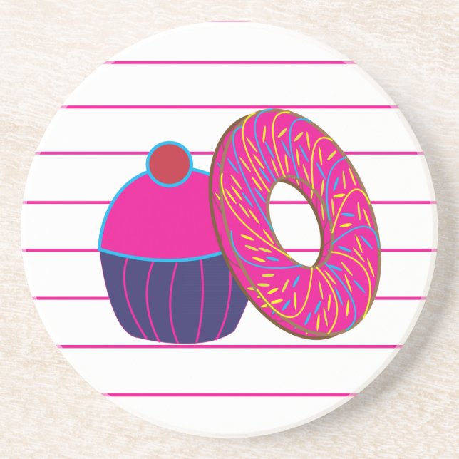 Doughnut Cupcake Pink Stripe  Coaster (Front)