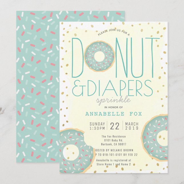 Doughnut & Diapers Sprinkle Green Gold Baby Shower Invitation (Front/Back)