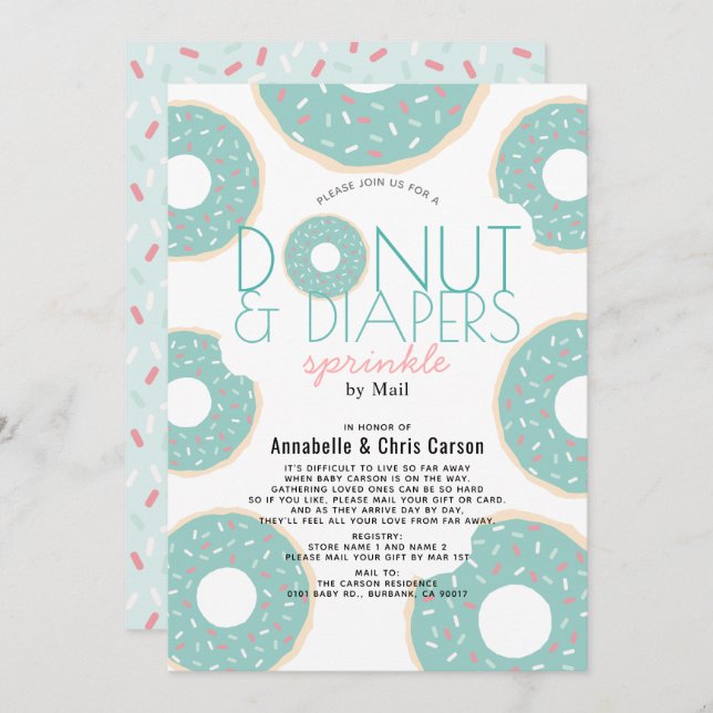 Doughnut & Diapers Sprinkle Mint Baby Shower by Ma Invitation (Front/Back)