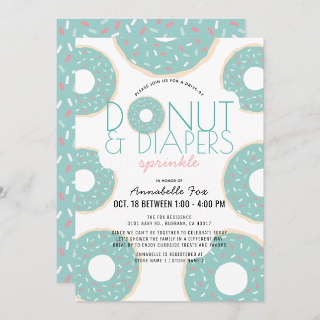 Doughnut & Diapers Sprinkle Mint Drive-by Baby Sho Invitation (Front/Back)