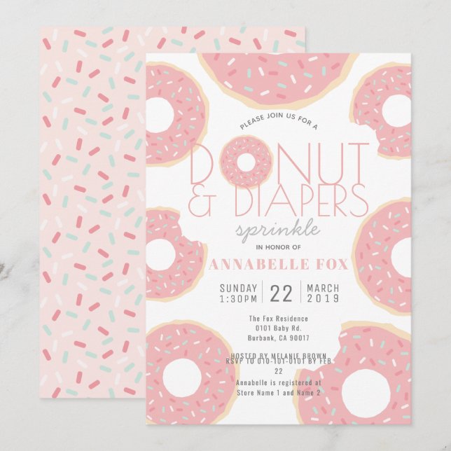 Doughnut & Diapers Sprinkle Pink Baby Shower Invitation (Front/Back)