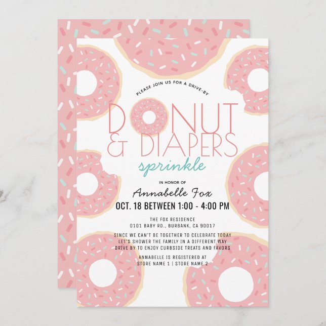 Doughnut & Diapers Sprinkle Pink Drive-by Baby Sho Invitation (Front/Back)