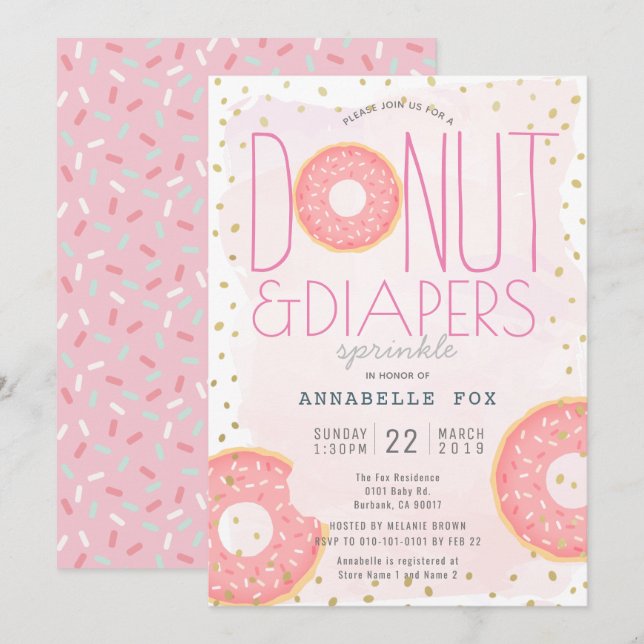 Doughnut & Diapers Sprinkle Pink Gold Baby Shower Invitation (Front/Back)