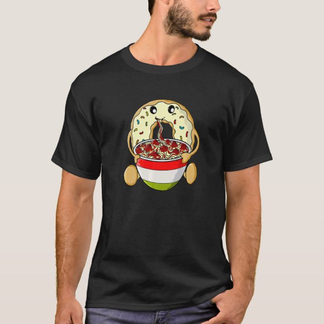 Doughnut Eating Spaghetti and Meatballs Funny Ital T-Shirt (Front)