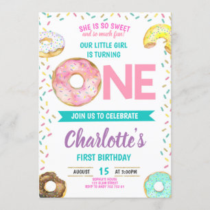 Doughnut First Birthday Girl Sweet Fun Cute Invitation