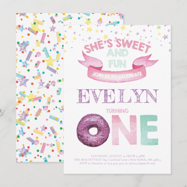 Doughnut First Birthday Watercolor Invitation (Front/Back)