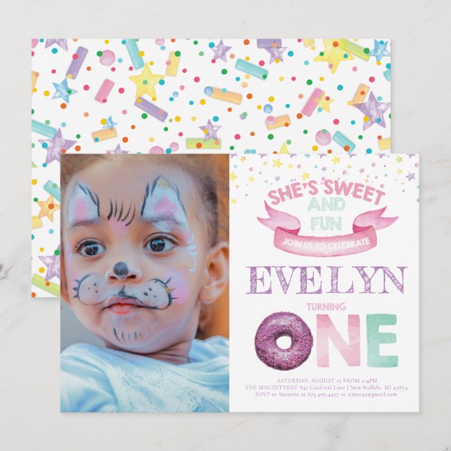 Doughnut First Birthday Watercolor Photo Invitation (Front/Back)