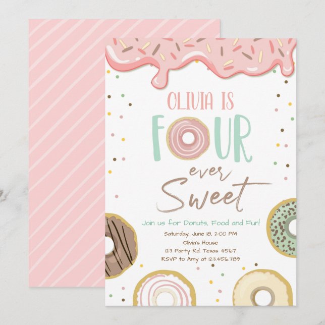 Doughnut Four Ever Sweet Girl 4th Fourth Birthday Invitation (Front/Back)