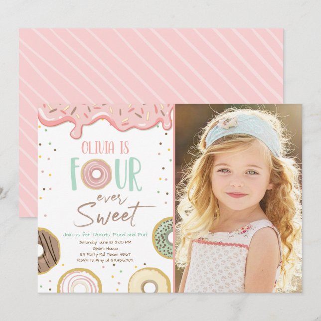 Doughnut Four Ever Sweet Girl 4th Fourth Birthday Invitation (Front/Back)