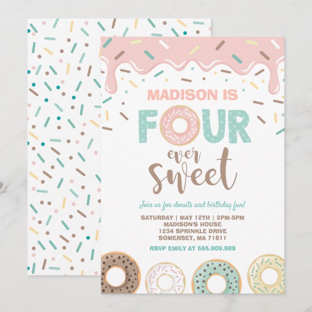 Doughnut Four Ever Sweet Invite Doughnut 4th Birth (Front/Back)
