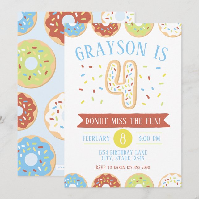Doughnut Fourth Birthday Invitation (Front/Back)