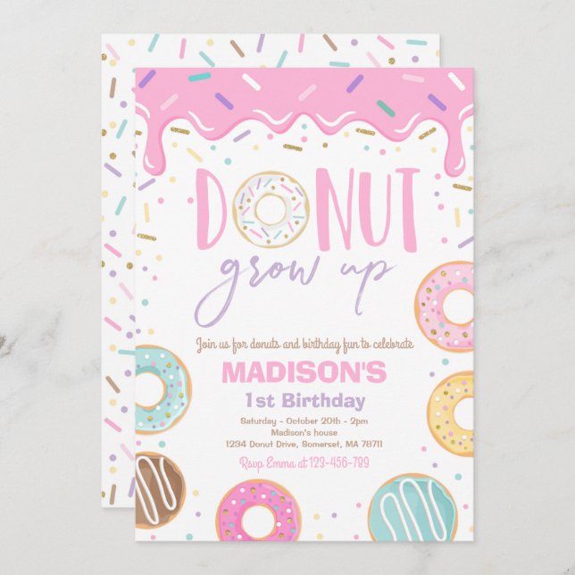 Doughnut Grow Up 1st Birthday Doughnut 1st Birthda Invitation (Front/Back)