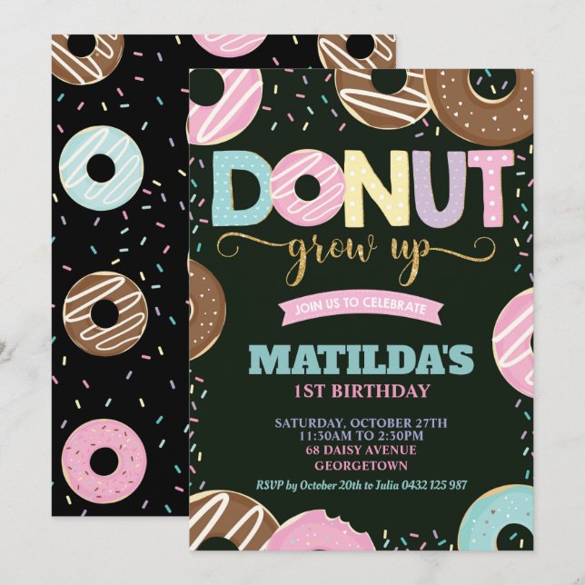 Doughnut Grow Up 1st Birthday Girl Doughnut Party Invitation (Front/Back)