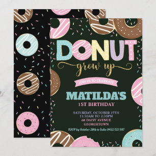 Doughnut Grow Up 1st Birthday Girl Doughnut Party Invitation