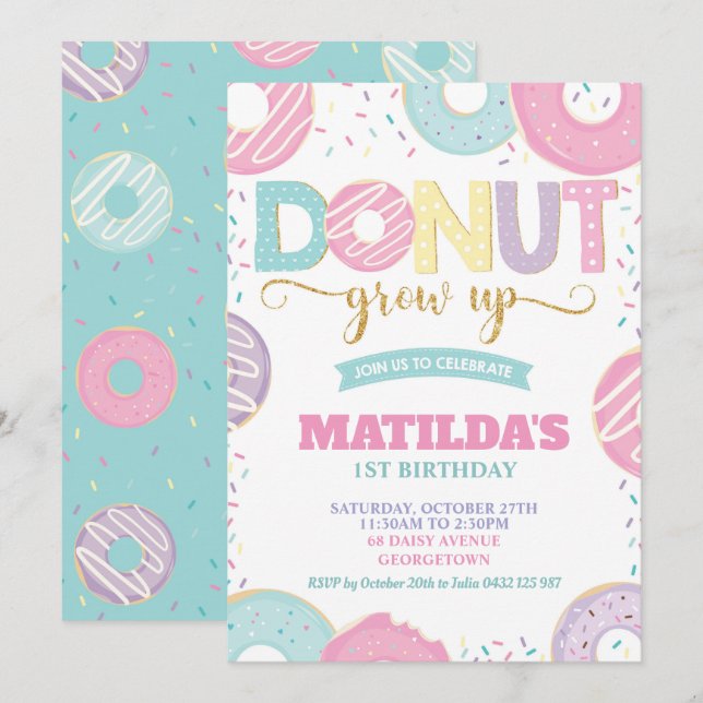 Doughnut Grow Up 1st Birthday Girl Doughnut Party Invitation (Front/Back)