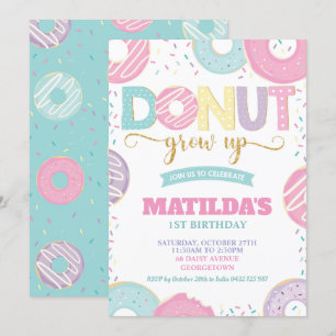 Doughnut Grow Up 1st Birthday Girl Doughnut Party Invitation