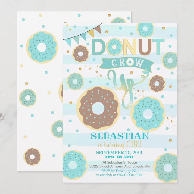 Doughnut Grow Up 1st Birthday Invitation Boy Dough (Front/Back)