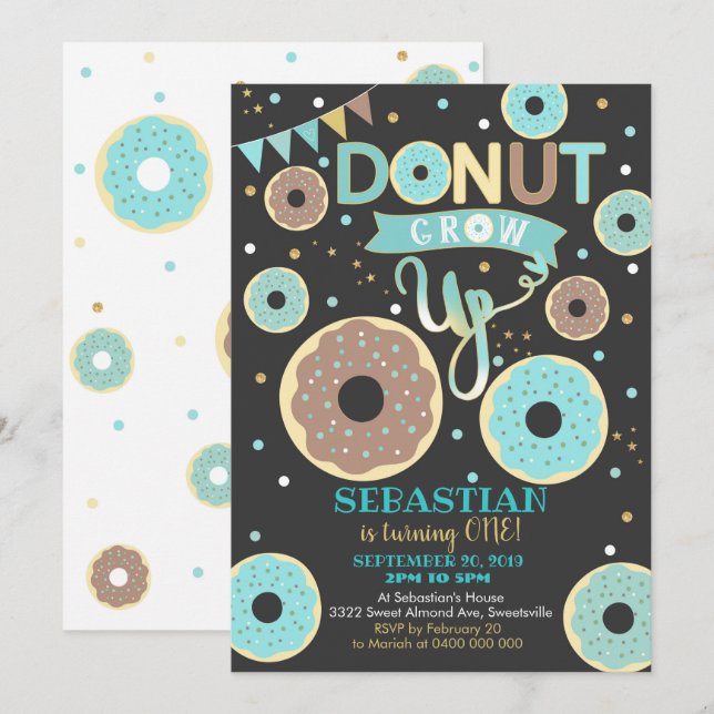 Doughnut Grow Up 1st Birthday Invitation Boy Dough (Front/Back)