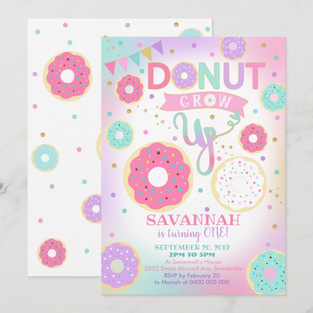 Doughnut Grow Up 1st Birthday Invitation - Girl (Front/Back)