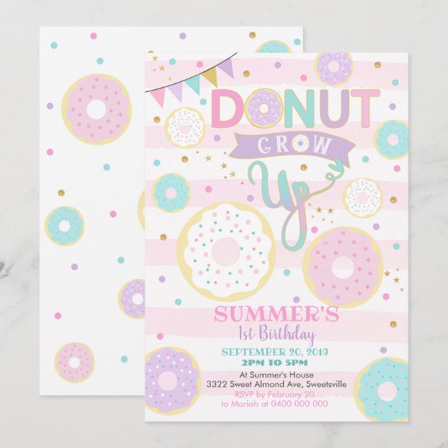 Doughnut Grow Up 1st Birthday Invitation - Girl (Front/Back)