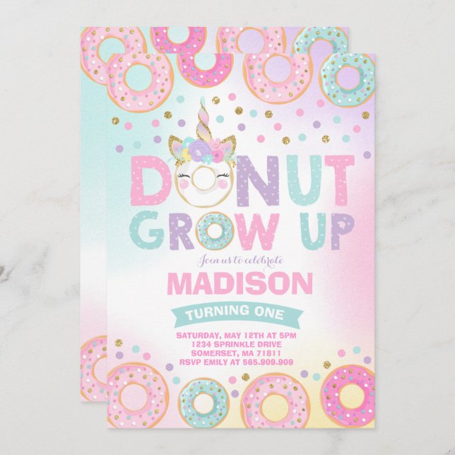 Doughnut Grow Up Birthday Invitation Doughnut & Un (Front/Back)
