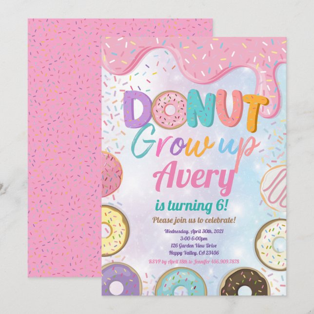 Doughnut Grow Up Birthday Party Pink Pastel Girl   Invitation (Front/Back)