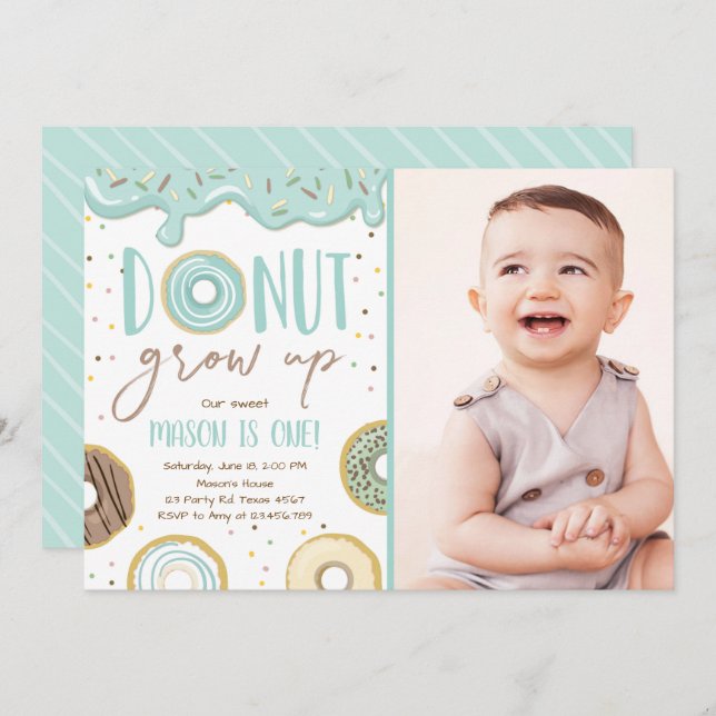 Doughnut Grow Up Blue Boy Birthday Party Invitation (Front/Back)