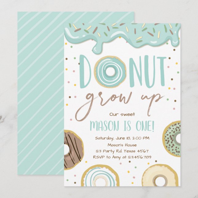 Doughnut Grow Up Blue Boy Birthday Party Invitation (Front/Back)