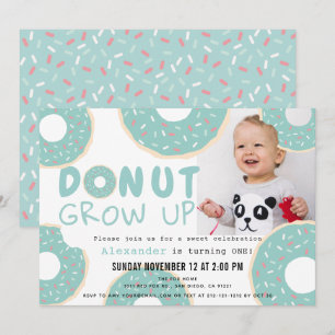 Doughnut Grow Up Blue Boy Photo 1st Birthday Invitation