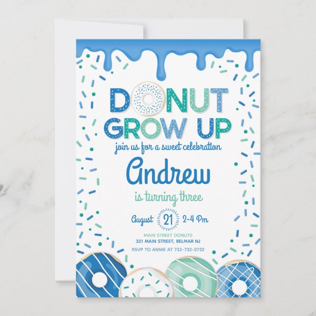 Doughnut Grow Up Blue Doughnut Birthday Invitation (Front)