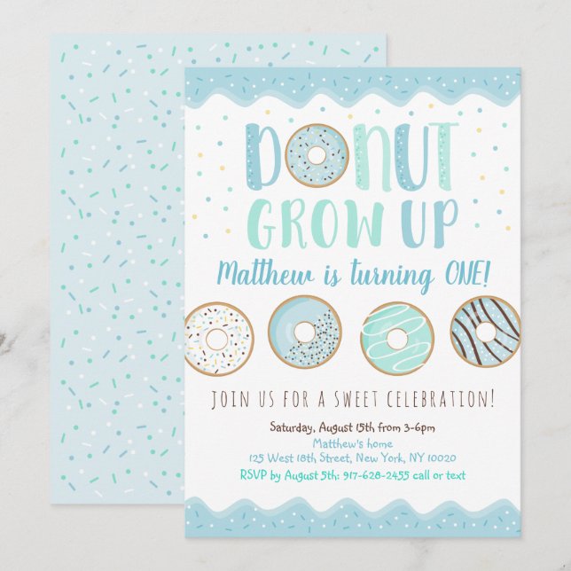 Doughnut Grow Up Blue Doughnut Birthday Invitation (Front/Back)