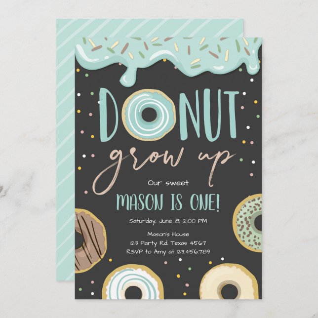 Doughnut Grow Up Blue Pastel Boy First Birthday Invitation (Front/Back)