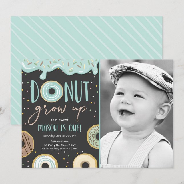 Doughnut Grow Up Blue Pastel Boy First Birthday Invitation (Front/Back)